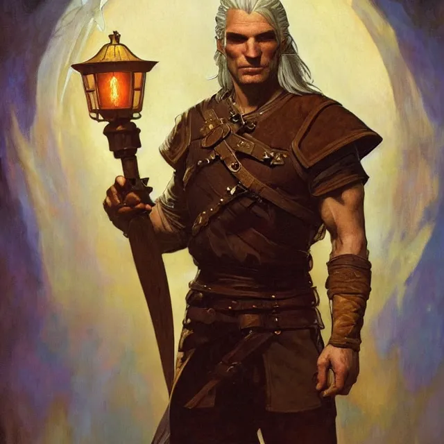 Prompt: an aesthetic! a detailed portrait of geralt of rivia, holding a lantern by frank frazetta and alphonse mucha, oil on canvas, art nouveau dungeons and dragons fantasy art, hd, god rays, ray tracing, crisp contour lines, huhd