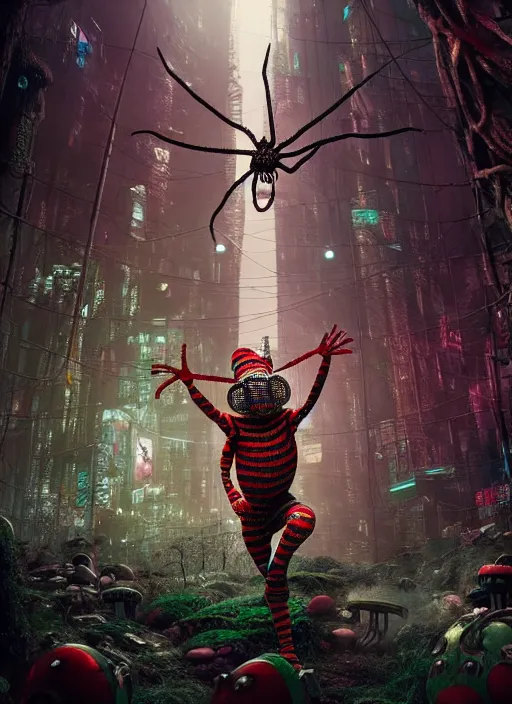 Prompt: intricate Waldo from Where's Waldo, being eaten by a spider, on the background of a weird magical mechanical forest. Very detailed 8k. Fantasy cyberpunk horror. Sharp. Cinematic post-processing