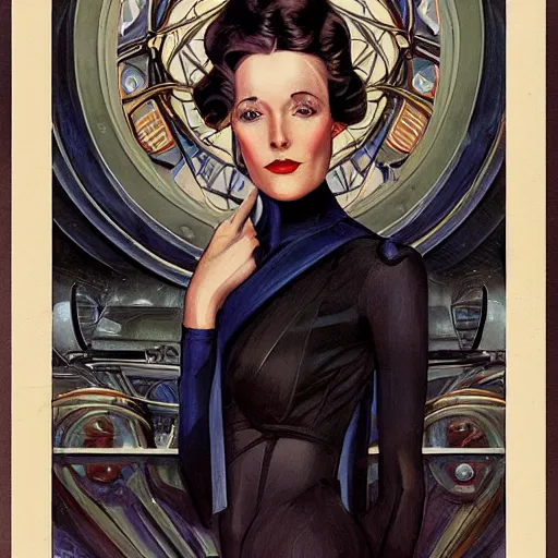 Image similar to a streamline moderne, ( art nouveau ), ( ( dieselpunk ) ) portrait in the style of charlie bowater, and in the style of donato giancola, and in the style of charles dulac. intelligent face. symmetry, ultrasharp focus, dramatic lighting, semirealism, intricate symmetrical ultrafine background detail.