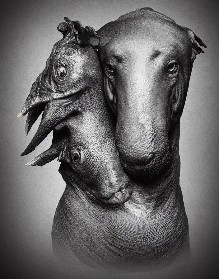 Image similar to portrait on black background of muscular animal human merged head dolphin skin, scales, merged with monkey head, hippo face morphed, gills, horse head animal merge, morphing dog head, merging crocodile head, anthropomorphic creature