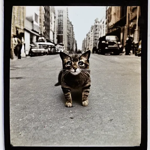 Image similar to wide-shot low-angle cat's eyesight photo of stray cat and a banana peel at the street in New York, polaroid photo, by Andy Warhol, signed