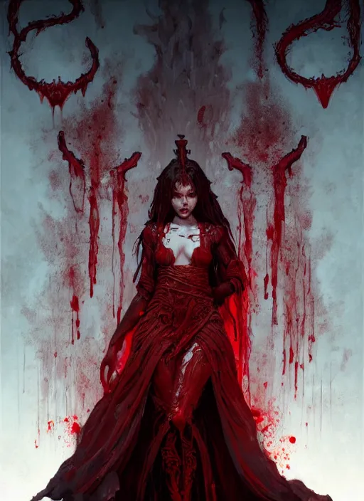 Image similar to portrait of a beautiful demon in a flowing dress made of blood, carving glowing bloody runes into a profane altar, intricate, elegant, highly detailed, digital painting, artstation, concept art, smooth, sharp focus, illustration, art by wlop, mars ravelo and greg rutkowski