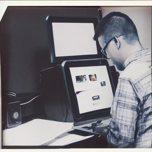 Image similar to a polaroid photo of a a computer checking its man checking his emails from the point of view of a computer screen