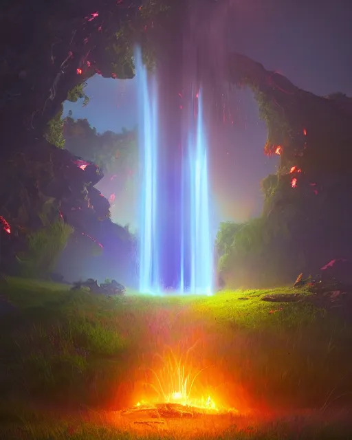 Prompt: earth fountain organic overgrowth, flowers, halo of light, photorealism, fire and water, liquid smoke, artstation, sylvain sarrailh