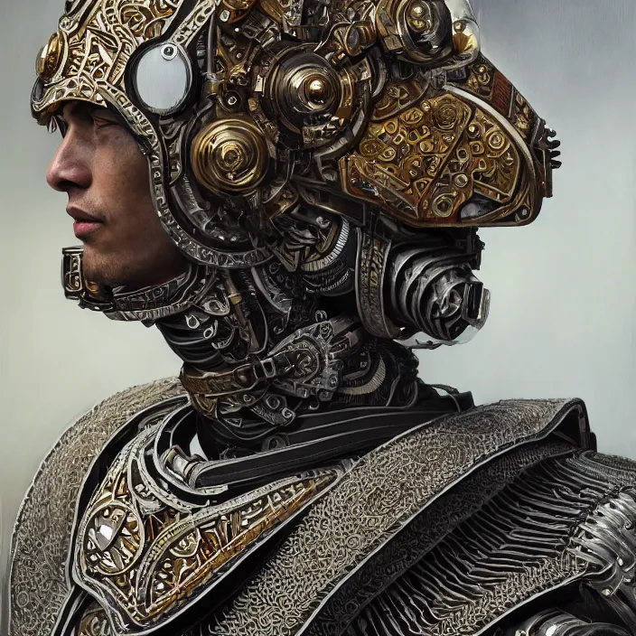 Image similar to portrait of a man wearing cyborg armor, Javanese batik pattern, subject in the center of the frame, wide angle shot, diffuse lighting, fantasy, intricate, elegant, highly detailed, lifelike, photorealistic, digital painting, artstation, illustration, concept art, smooth, sharp focus, art by John Collier and Albert Aublet and Krenz Cushart and Artem Demura and Alphonse Mucha
