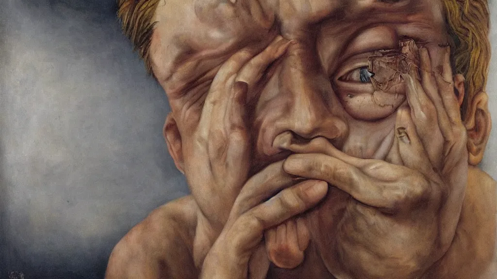 Image similar to surrealism lacking portrait of a crying young dude 2 7 years old, with violence