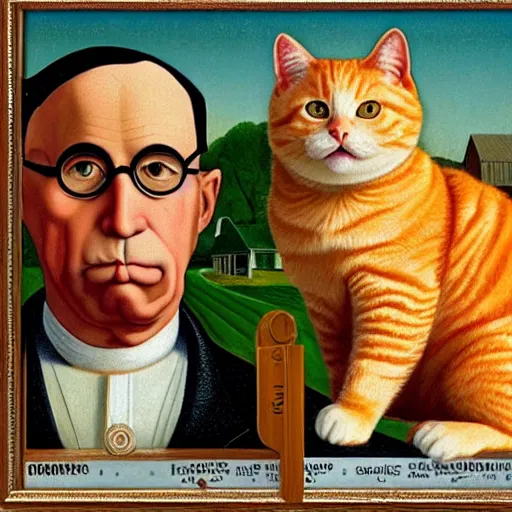 Image similar to fat orange tabby cat in american gothic by grant wood