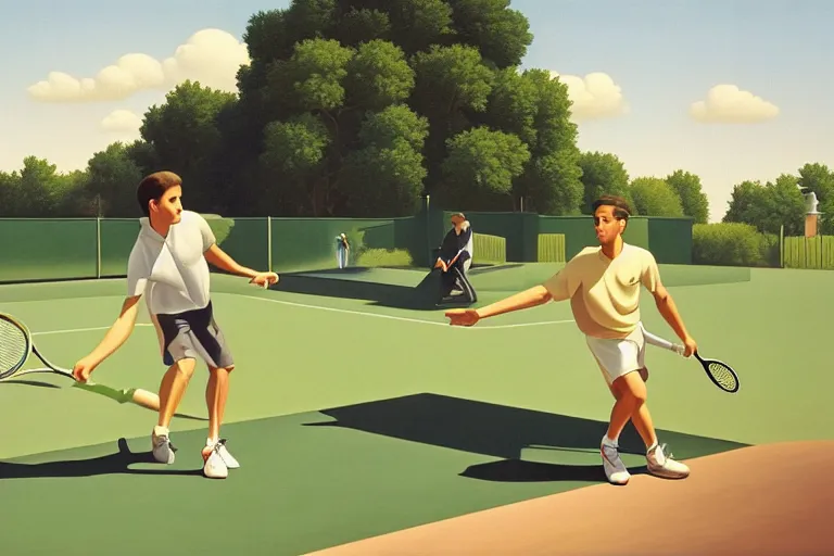 Image similar to two men playing tennis, summer afternoon, kenton nelson