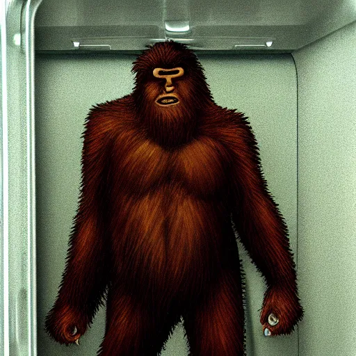 Prompt: bigfoot hiding inside a refrigerator