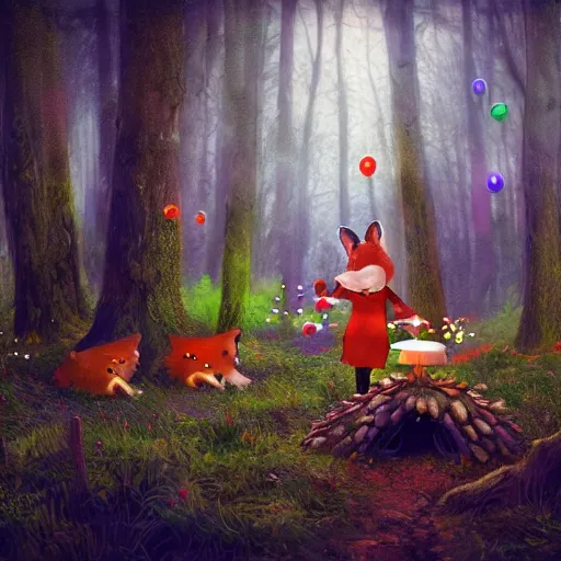 Prompt: A hyper real comic book style portait painting of an enchanted forest with toadstools and a forest hut. Soap bubbles in the air. A fox is watching, unreal 5, hyperrealistic, octane render, cosplay, RPG portrait, dynamic lighting