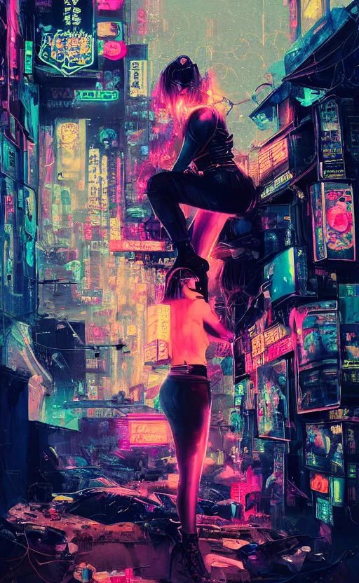 Prompt: detailed Amber Heard crouching on top of messed up bed, volumetric lightning, cyberpunk futuristic neon, decorated with traditional Japanese ornaments by Ismail inceoglu dragan bibin hans thoma !dream detailed portrait Neon Operator Girl, cyberpunk futuristic neon, reflective puffy coat, decorated with traditional Japanese ornaments by Ismail inceoglu dragan bibin hans thoma greg rutkowski Alexandros Pyromallis Nekro Rene Maritte Illustrated, Perfect face, fine details, realistic shaded, fine-face, pretty face