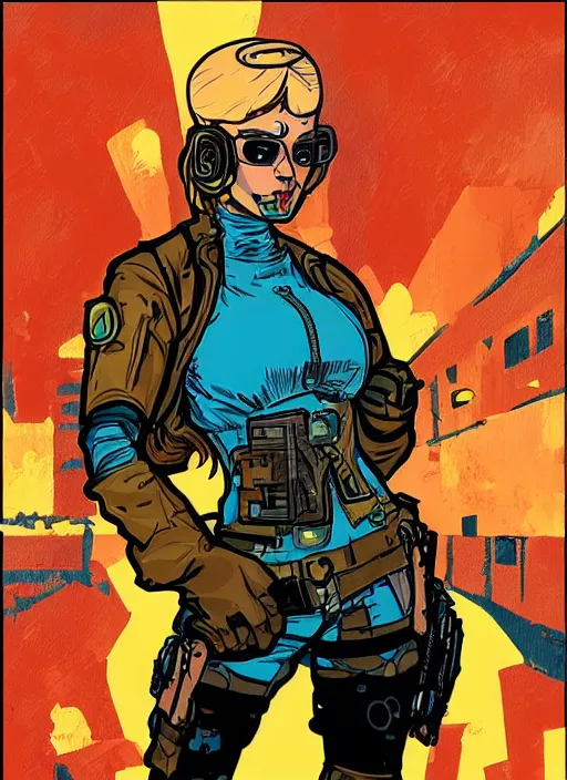 Image similar to maria. cyberpunk mercenary in scenic setting. portrait illustration, pop art, splash painting, art by ashley wood, alphonse mucha, laurie greasley and josan gonzales