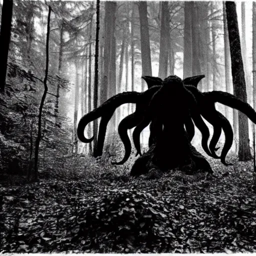 Prompt: photograph of cthulhu in a forest, found footage, atmospheric, black and white, blurry, grainy