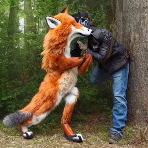 Prompt: man beating up a humanoid fox, realistic.