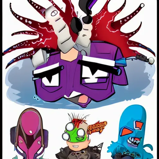 Image similar to psychic punk rocker electrifying rockstar squid guy with a vampire squid for a head concept character designs of various shapes and sizes by genndy tartakovsky and splatoon by nintendo and the psychonauts franchise by doublefine tim shafer artists as well as the artist for the new hotel transylvania film