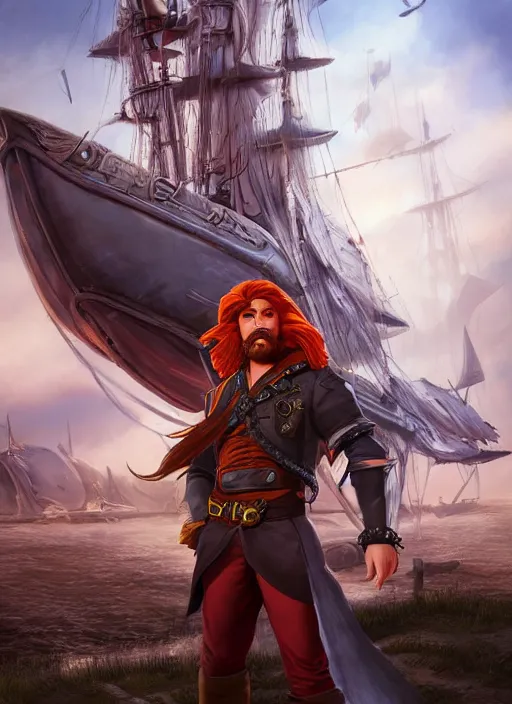 Image similar to disney style : an epic fantasy comic book style portrait painting of a long haired, red headed male sky - pirate in front of an airship in the style of disney, unreal 5, daz, hyperrealistic, octane render, cosplay, rpg portrait, dynamic lighting