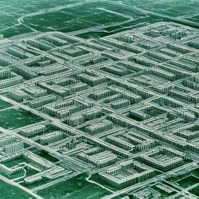 Prompt: Photo of one-point perspective to the center of the frame, ground level view of soviet town, infinitely long soviet panel buildings. A perfect green lawn in the center of the frame. High detail, details, 105mm, symmetric, symmetrical, synched, surreal, cloudless-crear-sky, cinematic