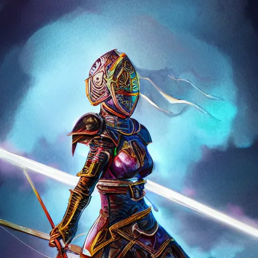 Image similar to female knight with an electric longsword rallies a band of troops, dramatic, fantasy character portrait, dynamic lighting, colorful, intricate, illustration, digital art, 8 k, high resolution