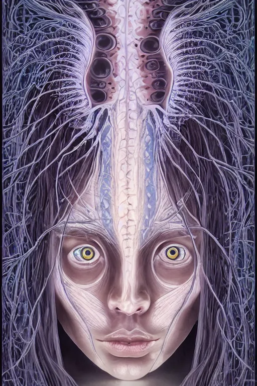 Prompt: dark underwater portrait of one Bioluminescent ancient woman, with reaction diffusion semi-transparent skin. face closeup. long intricate dark hair. good face proportions. with many jellyfishes. very high detail, illustration, by alex grey and Ilya Kuvshinov