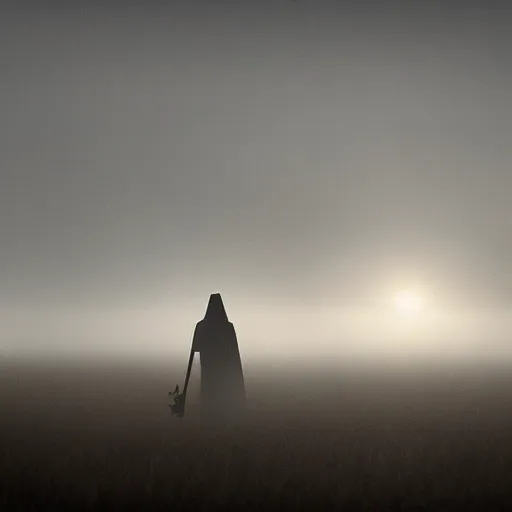 Prompt: a field of tiny bones with a gigantic ghostly grim reaper walking in the horizon, in a sunset haze, foggy, photographic