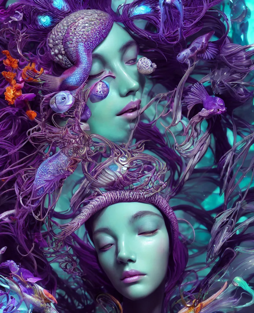 Image similar to goddess full color painted acryllic sculpture close-up portrait. orchid bird phoenix head, nautilus, skull, betta fish, bioluminiscent creatures, intricate artwork by Tooth Wu and wlop and beeple. octane render, trending on artstation, greg rutkowski very coherent symmetrical artwork. cinematic, hyper realism, high detail, octane render, 8k