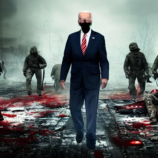 Prompt: joe biden as a zombie in a communist post apocalyptic war zone full of zombie soldiers, hyper realistic, 4k, octane rendering