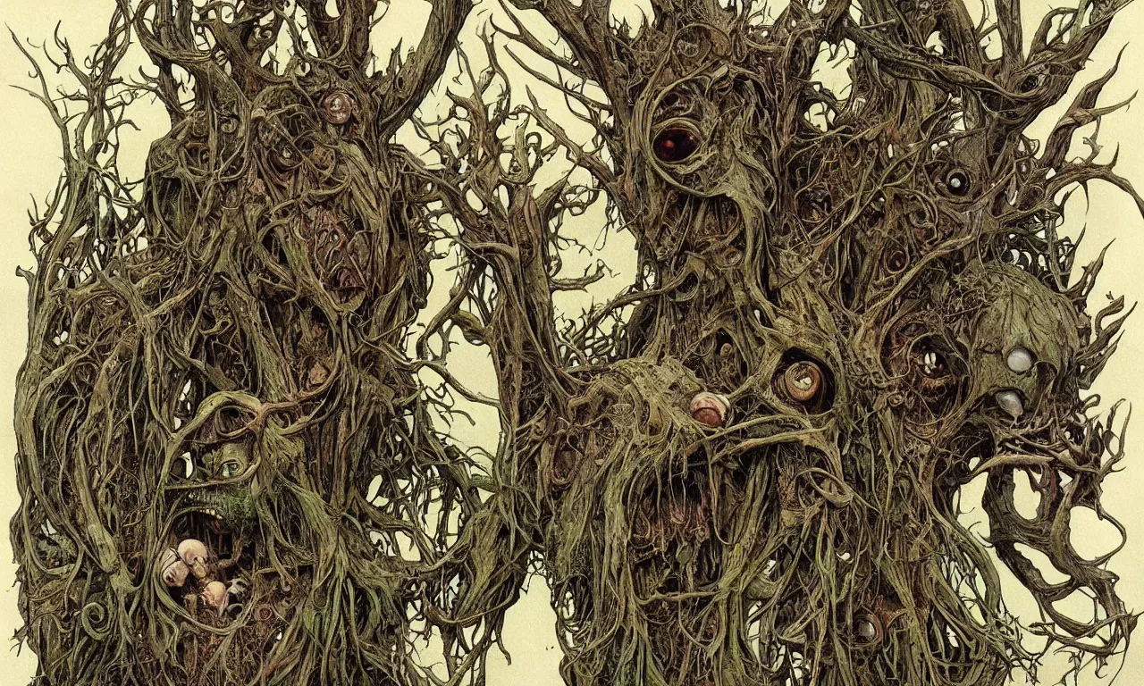 Image similar to hyperdetailed art nouveau portrait of treebeard and old groot as a cthulhu eyeball moose skull wendigo swamp thing creatures, by michael kaluta, pushead and bill sienkiewicz, photorealism, claws, skeleton, antlers, fangs, forest, wild, bizarre, scary, lynn varley, lovern kindzierski, steve oliff