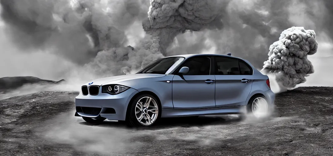 Prompt: bmw 135i 2010 Drifting the rim of an erupting Volcano, digital art