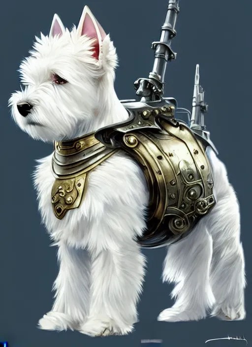 Image similar to a west highland white terrier, anime art style, wearing futuristic, led - lit armor, and a cannon mounted on his back, portrait, high detail, sharp focus, digital painting, artstation, concept art, art by hayao miyazaki and artgerm and greg rutkowski and alphonse mucha.