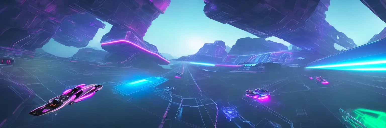 Prompt: f - zero, ships, tron in the mountain with neon light futuristic hyper realistic cinematic view of floating castle hanging by chains in the air, in between a gorge, below only cloud dark void, structured by chains and cables on base, 8 k resolution