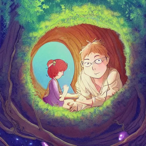 Prompt: a faerie and firefly couple living inside a hollow in a tree, masterpiece soft focus painting by kerascoet by marie pommepuy and sebastien cosset by studio ghibli, award winning illustration, bande dessinee, nostalgic painting, dynamic lighting