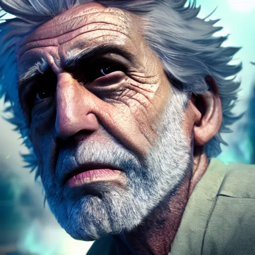 Prompt: real life rick sanchez. close up of face. photo realism. dramatic lighting. alien planet background. 4 k