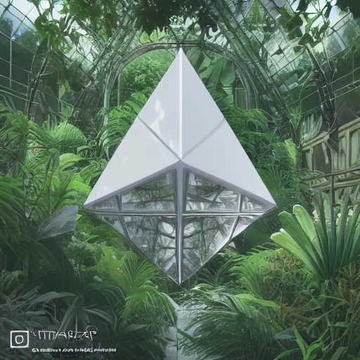 Image similar to peter tarka, minimalistic, hyperrealistic surrealism, award winning masterpiece with incredible details, epic stunning, a highly reflective chrome octahedron in a tropical greenhouse, highly detailed, trending on ArtStation, artgerm and greg rutkowski and alphonse mucha, daily deviation, IAMAG