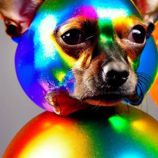 Image similar to colorful disco ball in the shape of a chihuahua, stunning, 4 k