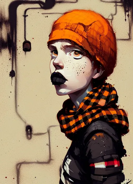 Prompt: highly detailed portrait of a sewer punk lady student, freckles, beanie, tartan scarf, ginger hair by atey ghailan, by greg rutkowski, by greg tocchini, by james gilleard, by joe fenton, by kaethe butcher, gradient, orange, black, brown and cream color scheme, grunge aesthetic!!! white graffiti tag wall background