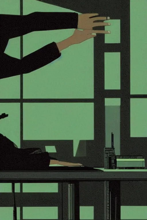 Image similar to 1 9 7 9 sci - fi portrait of neo sleeping at his desk. simple stylized cyberpunk photo from the matrix ( 1 9 9 9 ) by josan gonzalez.