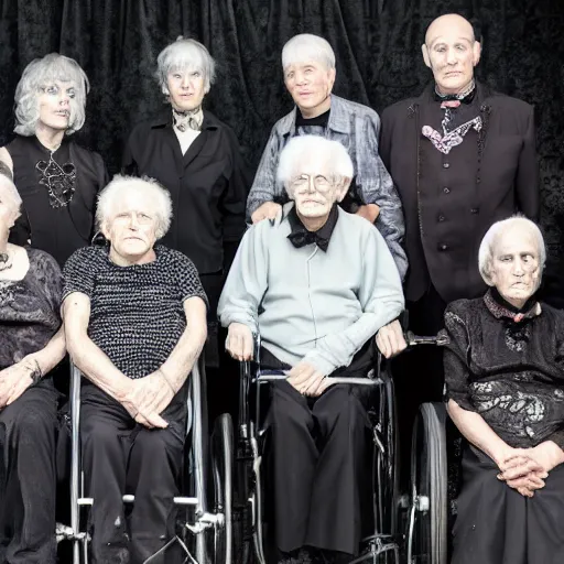 Prompt: an old age home for geriatric goths. photograph group portrait.