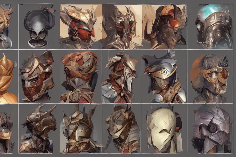 Prompt: 4x3 item concept art grid of legendary loot headgear by artgerm and Craig Mullins, James Jean, Andrey Ryabovichev, Mark Simonetti and Peter Morbacher 16k