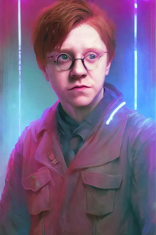 Image similar to portrait of Rupert Grint as Ron Wisly in cyberpunk, neon lighting, night city, digital art from artstation by Ruan Jia and Mandy Jurgens and Artgerm and william-adolphe bouguereau and Greg Rutkowski and Wayne Barlowe