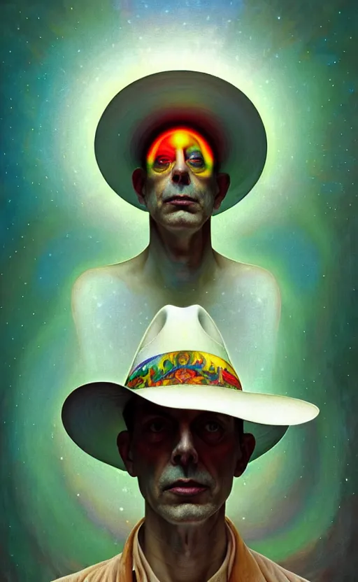 Image similar to An extremely psychedelic celestial larry harvey in his white fedora hat, colorful, surreal, dramatic lighting, magic mushrooms, psilocybin, LSD, face, detailed, intricate, elegant, highly detailed, digital painting, artstation, concept art, smooth, sharp focus, illustration, art by Krenz Cushart and Artem Demura and alphonse mucha