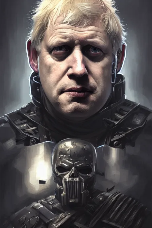 Image similar to Boris Johnson as Punisher, armor plate, realistic portrait, symmetrical, highly detailed, digital painting, artstation, concept art, smooth, sharp focus, illustration, cinematic lighting, art by artgerm and greg rutkowski and alphonse mucha