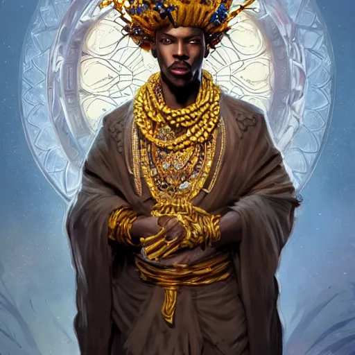 Prompt: an african wise king with a crown of golden flower petals, kemetic, D&D, fantasy, intricate, elegant, highly detailed, digital painting, artstation, concept art, matte, sharp focus, illustration, art by Artgerm and Greg Rutkowski and Alphonse Mucha