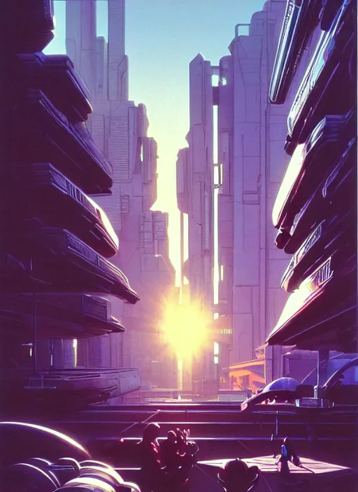 Image similar to photo of cyberpunk school, scifi, bright light, busy street, high school!!!!, morning sun, interesting angle, 8 k high definition, insanely detailed, art by syd mead and masamune shirow