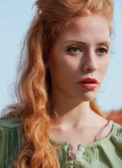 Image similar to vintage photograph of an olive skinned female model with strawberryblonde hair in her twenties, her hair pinned up, wearing a designer top, looking coy, focused on her neck, photo realistic, extreme detail skin, natural beauty, no filter, slr, golden hour, 4 k, high definition, selfie