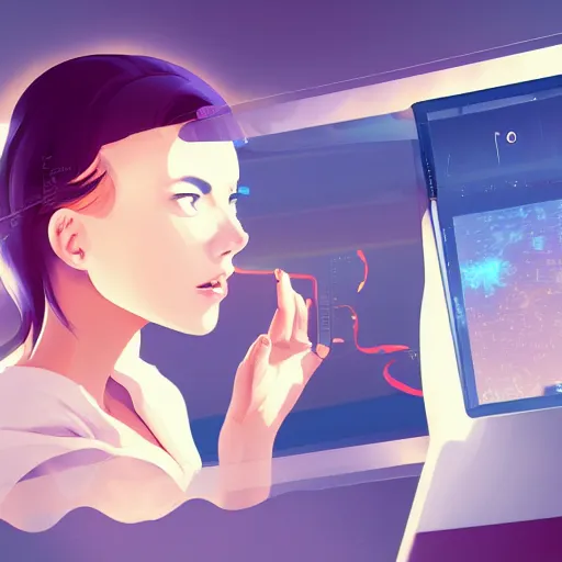 Prompt: woman using tobii eye tracker on transparent screen, scientific illustration of gaze saccades, clean cel shaded vector art. shutterstock. behance hd 4 k by lois van baarle, artgerm, helen huang, by makoto shinkai and ilya kuvshinov, rossdraws, illustration