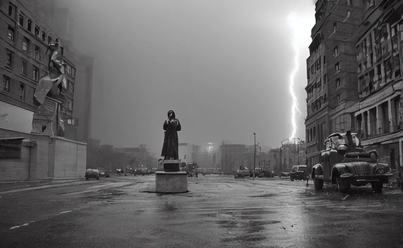 Prompt: 40s movie still of a sovietic street with a big statue of Lenine , Cinestill 800t 18mm, heavy grainy picture, very detailed, high quality, 4k panoramic, HD criterion, dramatic lightning, rain, mud, foggy