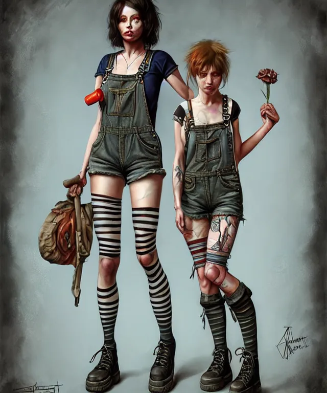 Image similar to full body pose, grungy alice, torn overalls, short shorts, combat boots, fishnets, beautiful, highly detailed face, true anatomy!, extremely detailed!, digital painting, unreal engine 5, art by tom bagshaw