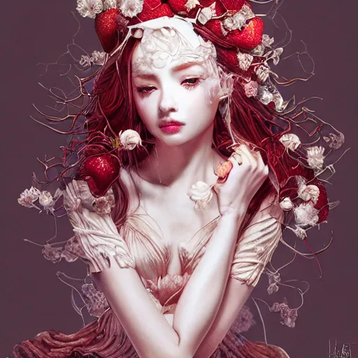 Image similar to the portrait of an absurdly beautiful, graceful, elegant, sophisticated, fashionable young gravure idol made of strawberries and white petals, an ultrafine hyperdetailed illustration by kim jung gi, irakli nadar, intricate linework, bright colors, octopath traveler, final fantasy, unreal engine 5 highly rendered, global illumination, radiant light, detailed and intricate environment