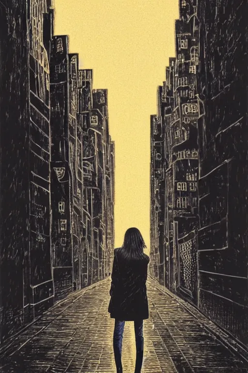 Prompt: highly detailed close-up of a beautiful girl with a very stylish trenchcoat on an empty street at night by Moebius , black medium length Dutch bob cut hair with straight bangs, poster