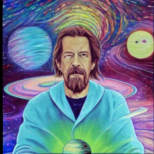 Image similar to alan watts on lsd, oil painting, space, planets, smoke, dreamy